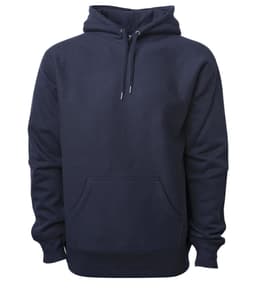 A heavyweight hooded sweatshirt in navy blue, featuring a front pocket and a drawstring hood. Contains a logo.