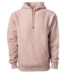 A heavyweight hooded sweatshirt in a soft pink colour with a front pocket and drawstring hood. It has a logo.