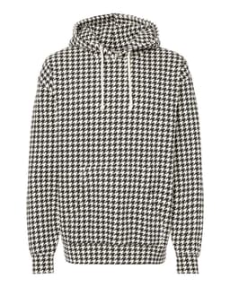 A heavyweight pullover hood in a black and white houndstooth pattern, featuring a hood and drawstrings.
