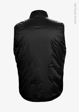 A black unisex vest made from recycled nylon, featuring a high collar and no sleeves.