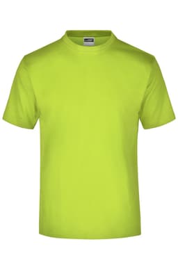 A round-neck, short-sleeved T-shirt in bright lime green, featuring a logo on the label.