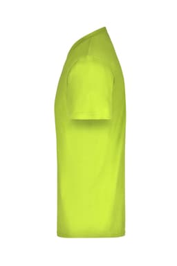 A vibrant lime green t-shirt displayed from the side, featuring short sleeves and a round neckline.