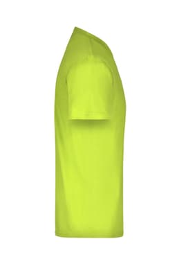 A bright yellow T-shirt displayed from the side, featuring a simple design and a logo.