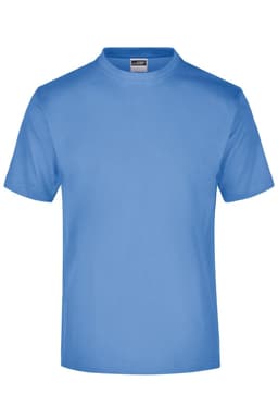 A blue T-shirt featuring a crew neckline and short sleeves, with a logo on the label.