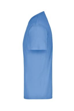 A blue t-shirt displayed from the side, featuring a simple design and a logo.