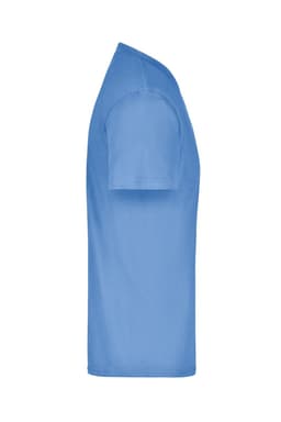 A blue T-shirt in a side view, featuring a classic cut and short sleeves, with a branding logo visible.