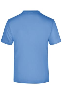 A short-sleeved t-shirt in a light blue colour with a plain back and a logo present.