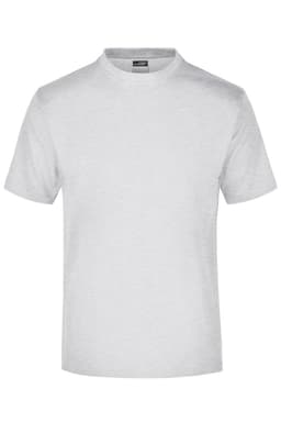 A light grey t-shirt with a classic round neck, featuring a logo on the label.