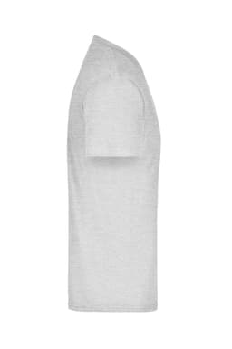 A light grey t-shirt displayed from the side, featuring a simple design and a round neck. It has a logo on the label.