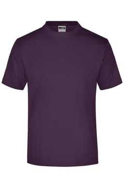 A plain purple T-shirt with a round neckline and short sleeves, featuring a brand logo on the label.