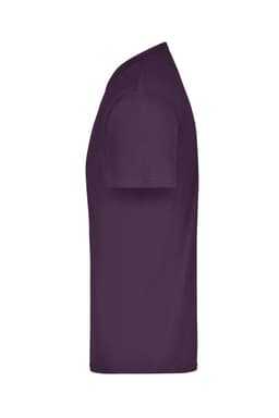 A purple T-shirt with a round neckline and short sleeves, featuring a logo on the front.