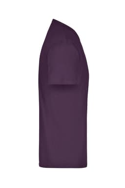 A side view of a purple T-shirt with short sleeves, featuring a logo on the front.