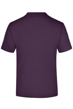 A plain purple T-shirt with a round neck and short sleeves, featuring a logo on the back.