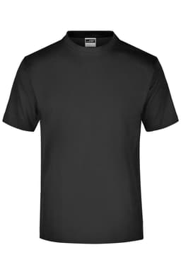 A black T-shirt featuring a round neckline and short sleeves, with a logo on the label.