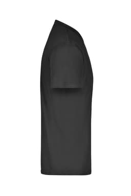 A black t-shirt with short sleeves, displayed from the side, featuring a logo.