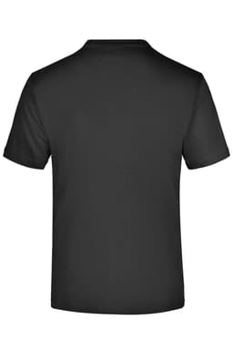 A black short-sleeved T-shirt with a plain back design and a logo on the label.