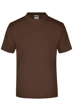 A brown round-neck t-shirt made from medium-weight fabric, featuring a brand logo on the label.