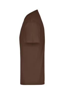 A brown T-shirt with short sleeves displayed from the side, featuring a logo on the sleeve.