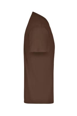 A brown T-shirt displayed from the side, featuring short sleeves and a simple design, with a logo.