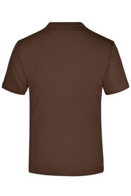 A brown t-shirt with a round neckline and short sleeves, featuring a plain back and a logo.