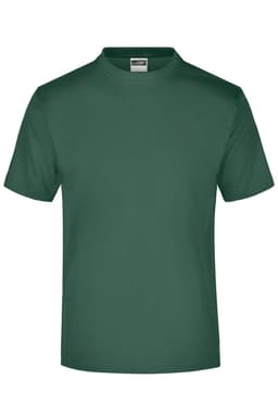 A green t-shirt with a round neck. The shirt has a label and features a logo.