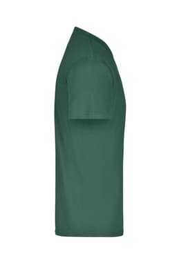 A green T-shirt displayed from the side, featuring short sleeves and a plain design. It has a branding logo.