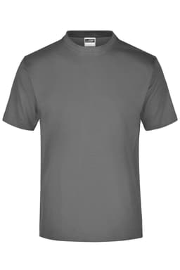 A grey T-shirt with short sleeves and a round neck, featuring a label inside and a logo.