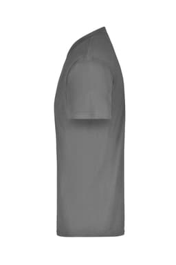 A grey t-shirt with short sleeves displayed from the side. The shirt has a simple design and a logo.