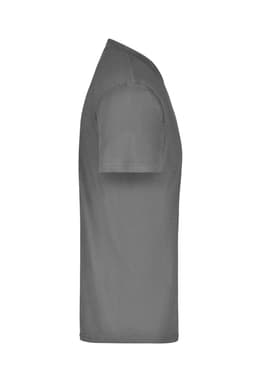 A grey t-shirt with short sleeves, featuring a logo on the side.
