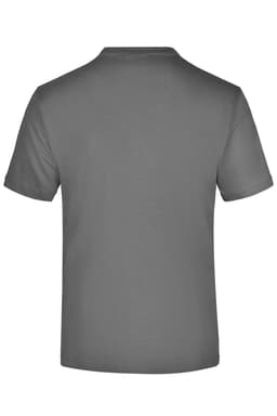 A grey short-sleeved T-shirt with a simple design and a logo on the back.