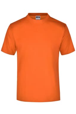 An orange T-shirt featuring a simple design and a logo on the label.