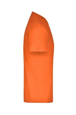 An orange T-shirt displayed from the side, featuring short sleeves and a standard fit. It has a logo on the fabric.