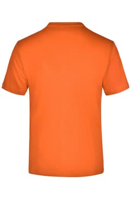 An orange T-shirt with a round neck and short sleeves, featuring a logo on the back.