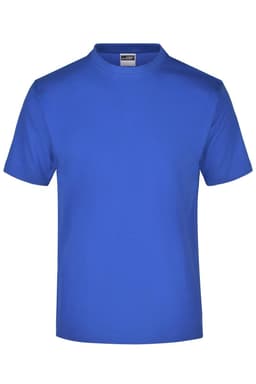 A blue short-sleeve T-shirt with a round neck and a logo on the label.