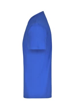 A blue T-shirt displayed from the side, featuring a simple design and a logo.