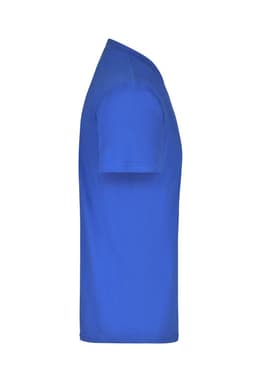 A blue round-neck medium T-shirt with short sleeves and a logo on the side.