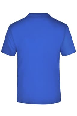 A blue T-shirt with a plain back, featuring a logo on the upper neck area.