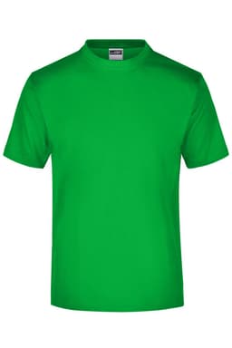 A bright green T-shirt with short sleeves and a round neck, featuring a logo on the label.