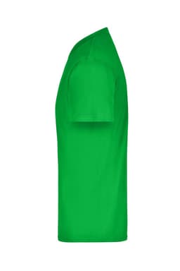 A green T-shirt displayed from the side, featuring a smooth fabric texture and a simple design. It has a logo.