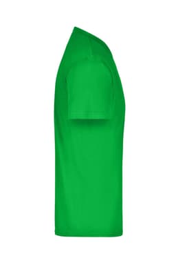 A green t-shirt in a side view, featuring short sleeves and a smooth finish. Includes a logo.