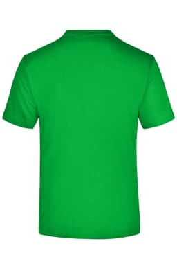 A green t-shirt with a standard crew neck and short sleeves, featuring a logo on the back.