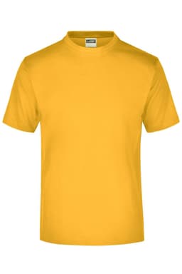 A yellow t-shirt with a round neck and short sleeves, featuring a branding label.
