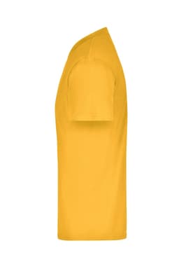 A yellow T-shirt displayed from the side, featuring short sleeves and a simple design with a logo.