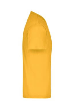 A yellow T-shirt displayed from a side view, featuring short sleeves and a simple design, with a logo.
