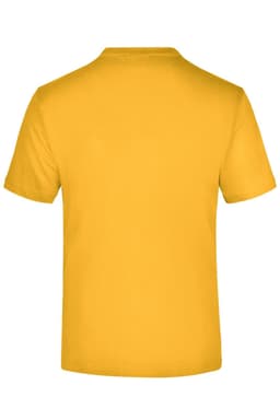 A plain yellow T-shirt featuring a simple crew neck and short sleeves, with a logo on the back.