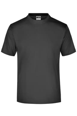 A round-neck, short-sleeved t-shirt in dark grey, featuring a branding logo.