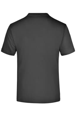 A dark grey t-shirt with short sleeves and a plain back, featuring a logo on the inner neck area.