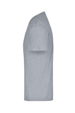 A grey T-shirt with a crew neck and short sleeves, featuring a logo on one side.