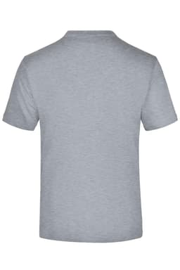 A grey t-shirt with a round neck and short sleeves, featuring a simple design and a logo on the back.