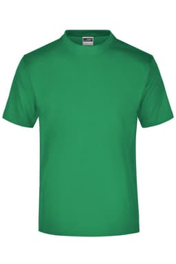 A green T-shirt with a simple design and round neckline, featuring a logo on the label.
